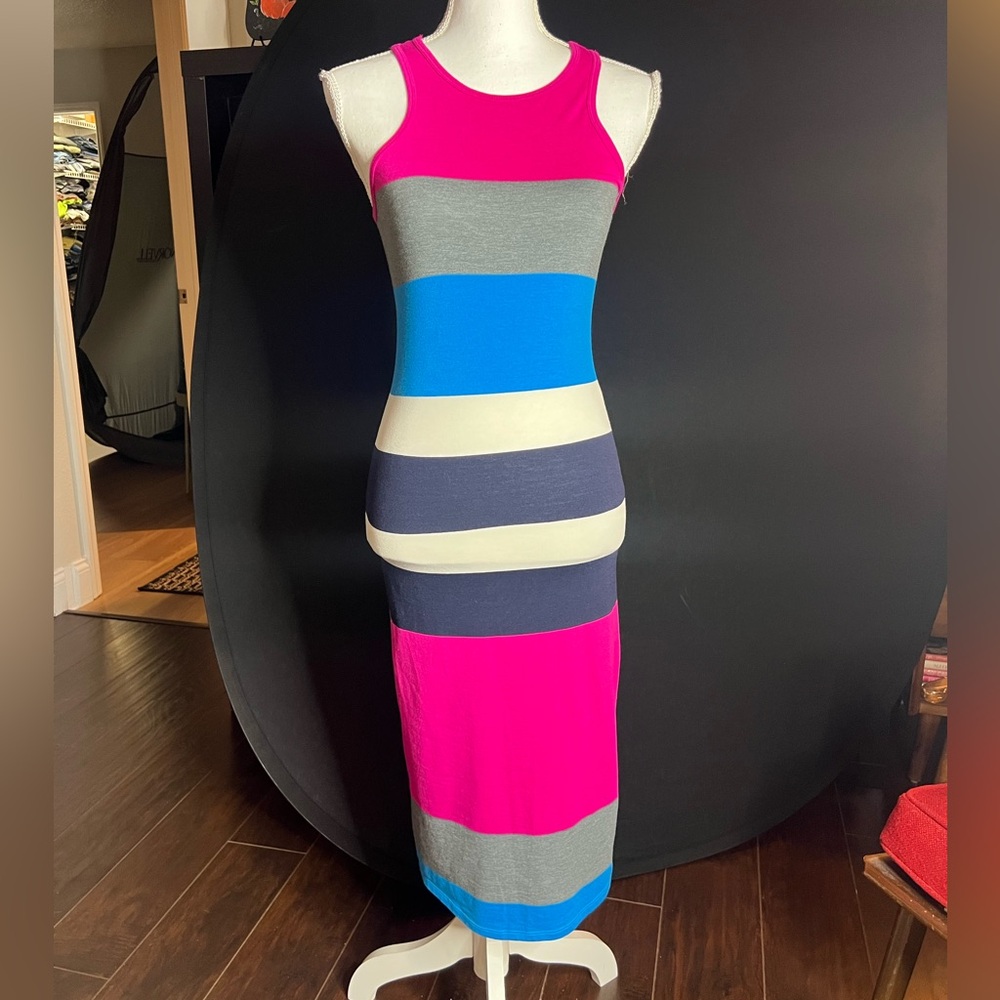 Express Bold Striped Midi Dress in Pink, Blue, and Gray
